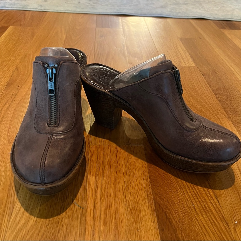 Born Dark Brown Leather Mules with Zipper